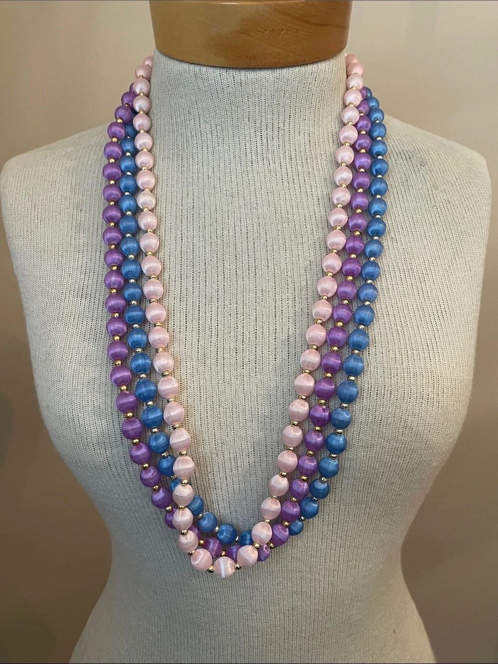 Vintage 3 Necklaces with Spun Silk Satin Beads Gold Tone Spacers 30 In. Approx